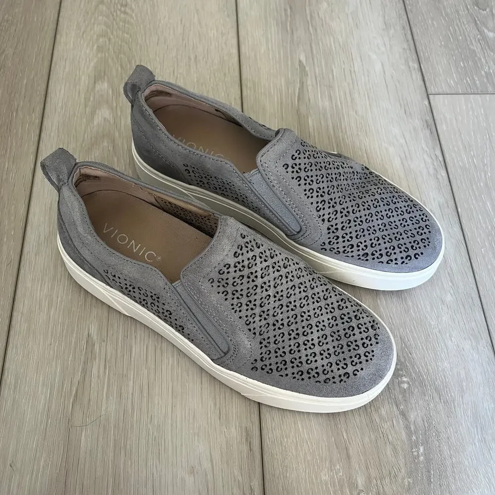 Vionic 'Kimmie' Women's 7.5 Perforated Slip On Sneaker Gray Suede Comfort Shoe